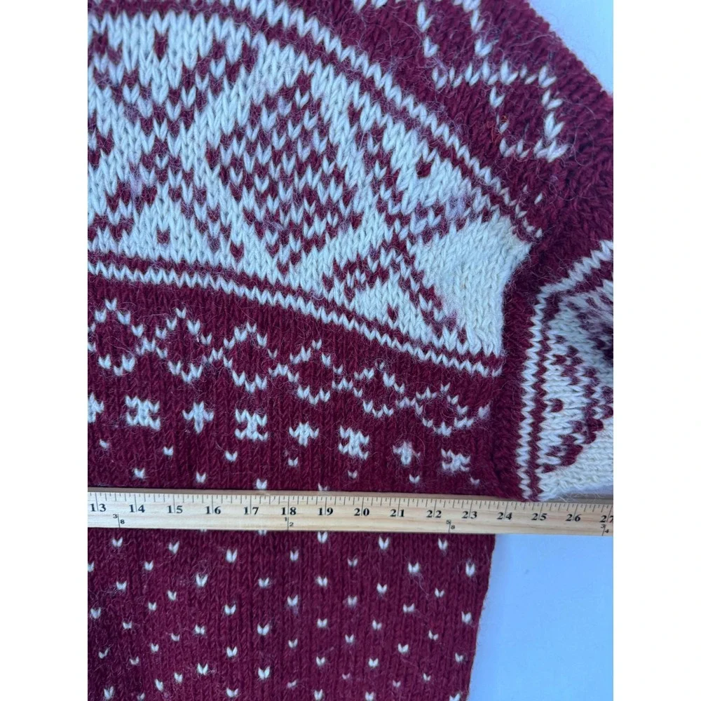 Handmade Wool Fair Isle Nordic Henley Sweater Burgundy Cream XL